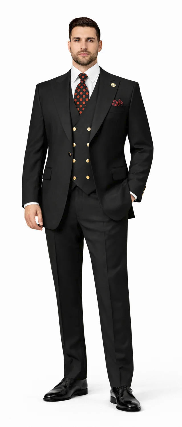 Mens Big and Tall Size Suits - Plus Size Mens Black Suit - Peak Lapel Ticket Pocket