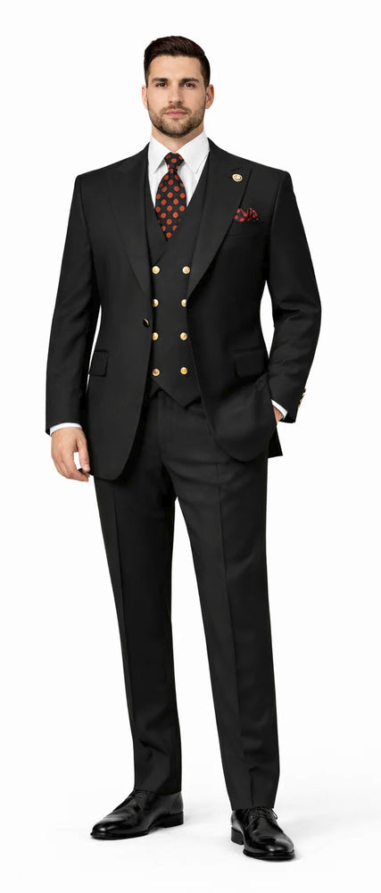 Mens Big and Tall Size Suits - Plus Size Mens Black Suit - Peak Lapel Ticket Pocket