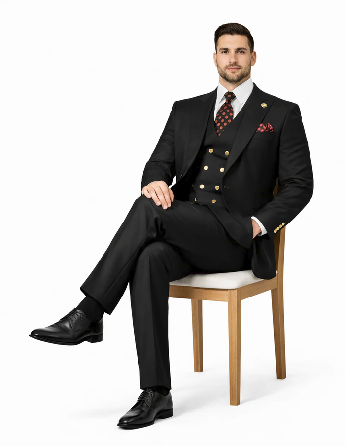 Rossiman Black Suit for Men | Classic 1-Button Peak Lapel Jacket & Double-Breasted Vest – Italian Tailored 3-Piece Luxury Suit