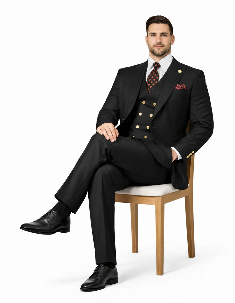 Mens Big and Tall Size Suits - Plus Size Mens Black Suit - Peak Lapel Ticket Pocket