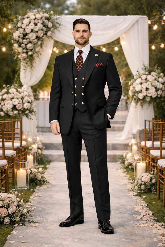 Rossiman Black Suit for Men | Classic 1-Button Peak Lapel Jacket & Double-Breasted Vest – Italian Tailored 3-Piece Luxury Suit