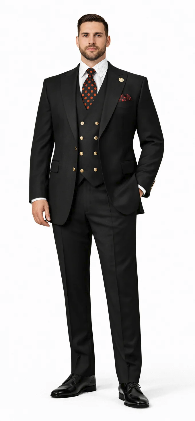 Rossiman Black Suit for Men | Classic 1-Button Peak Lapel Jacket & Double-Breasted Vest – Italian Tailored 3-Piece Luxury Suit