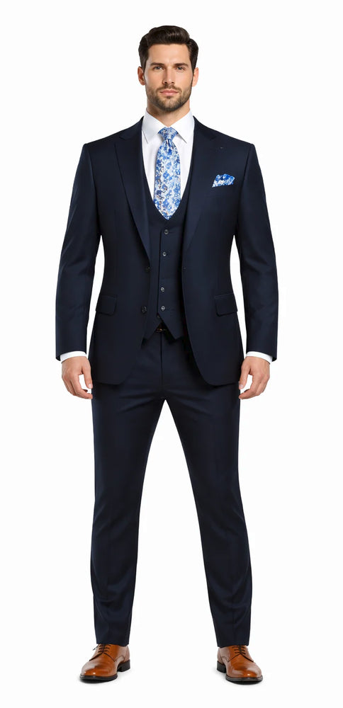 Rossiman Men’s Formal Blue Suit – Slim Fit Design with Vest and Trousers