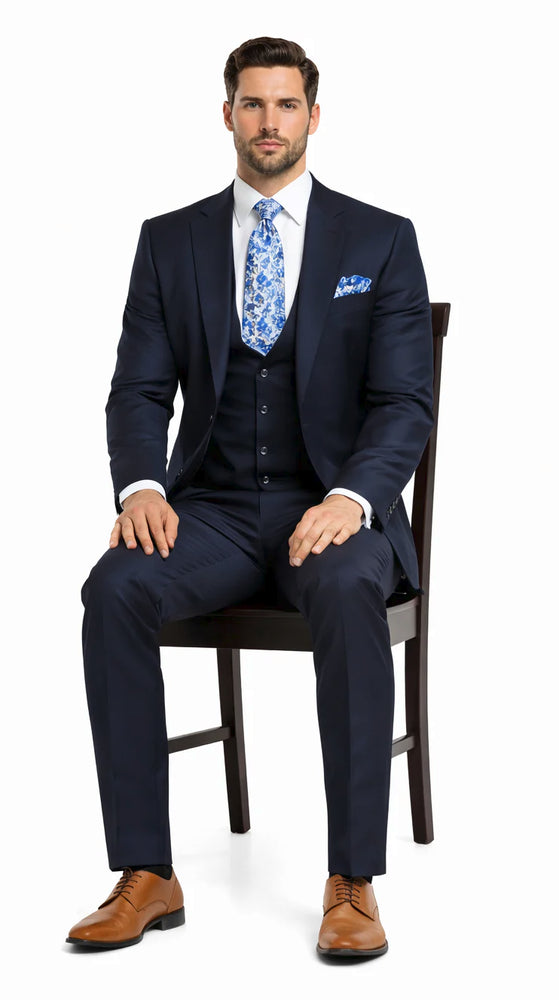 Rossiman Men’s Formal Blue Suit – Slim Fit Design with Vest and Trousers