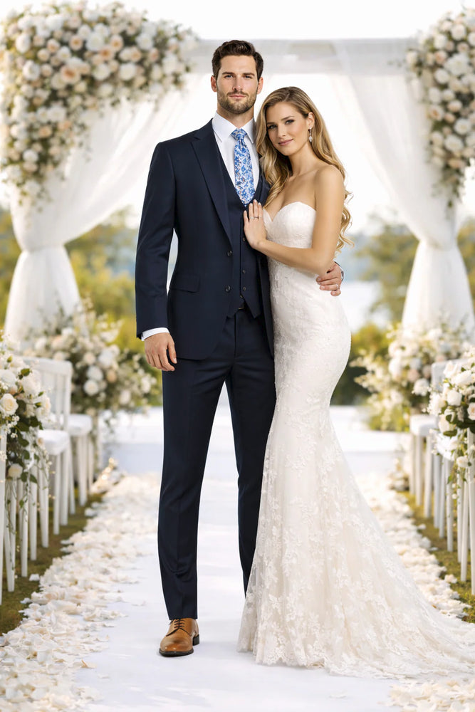 Rossiman Men’s Formal Blue Suit – Slim Fit Design with Vest and Trousers
