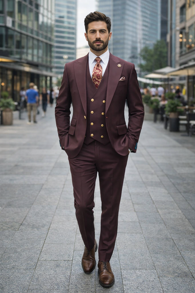 Rossiman Brand Burgundy Suits - 1 Button Suit Peak Lapel Double Breasted Vest