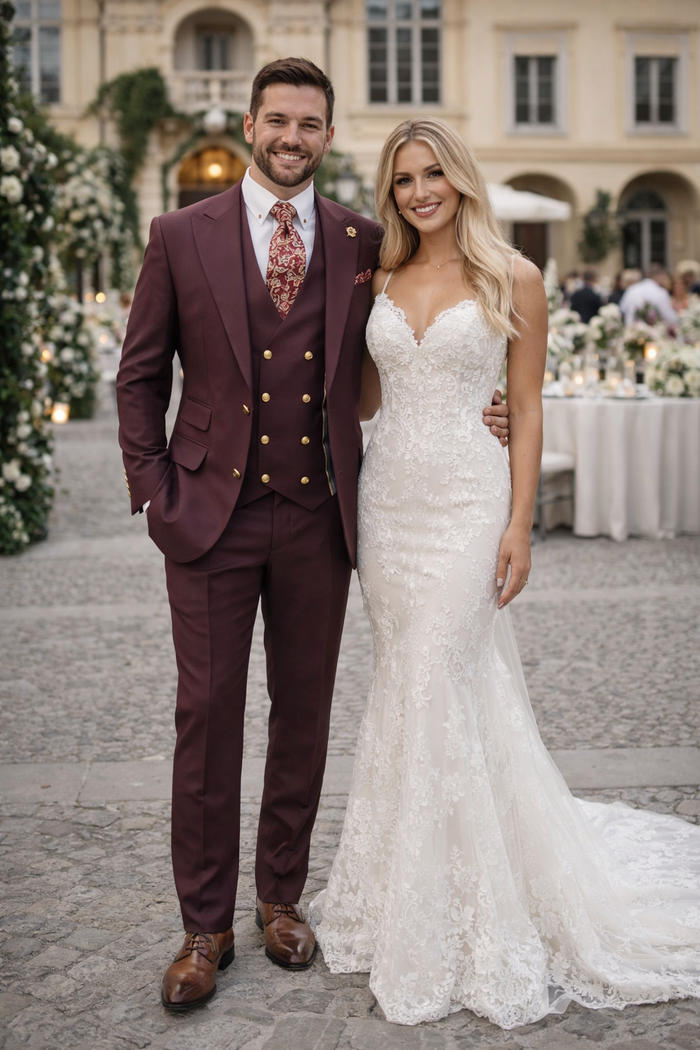 Rossiman Brand Burgundy Suits - 1 Button Suit Peak Lapel Double Breasted Vest
