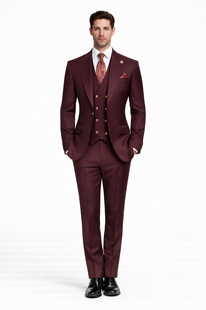 Rossiman Brand Burgundy Suits - 1 Button Suit Peak Lapel Double Breasted Vest