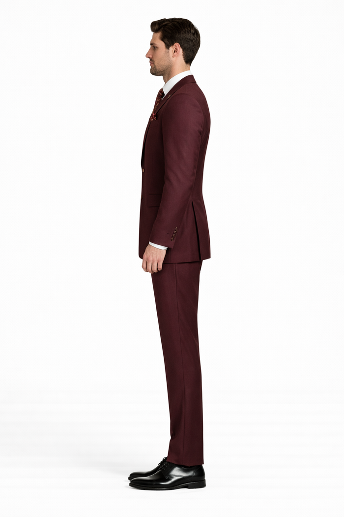 Rossiman Brand Burgundy Suits - 1 Button Suit Peak Lapel Double Breasted Vest