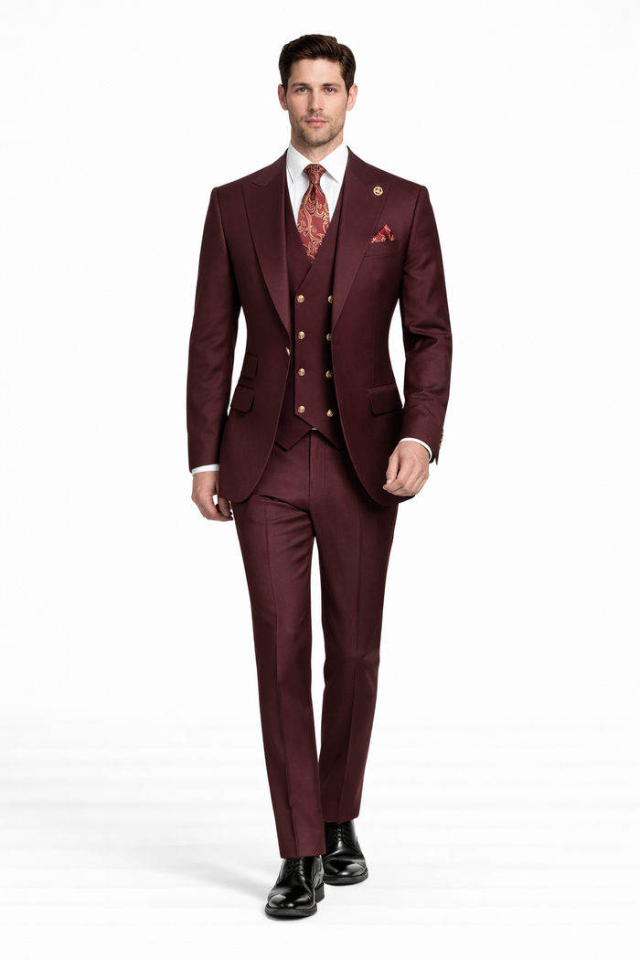 Rossiman Brand Burgundy Suits - 1 Button Suit Peak Lapel Double Breasted Vest