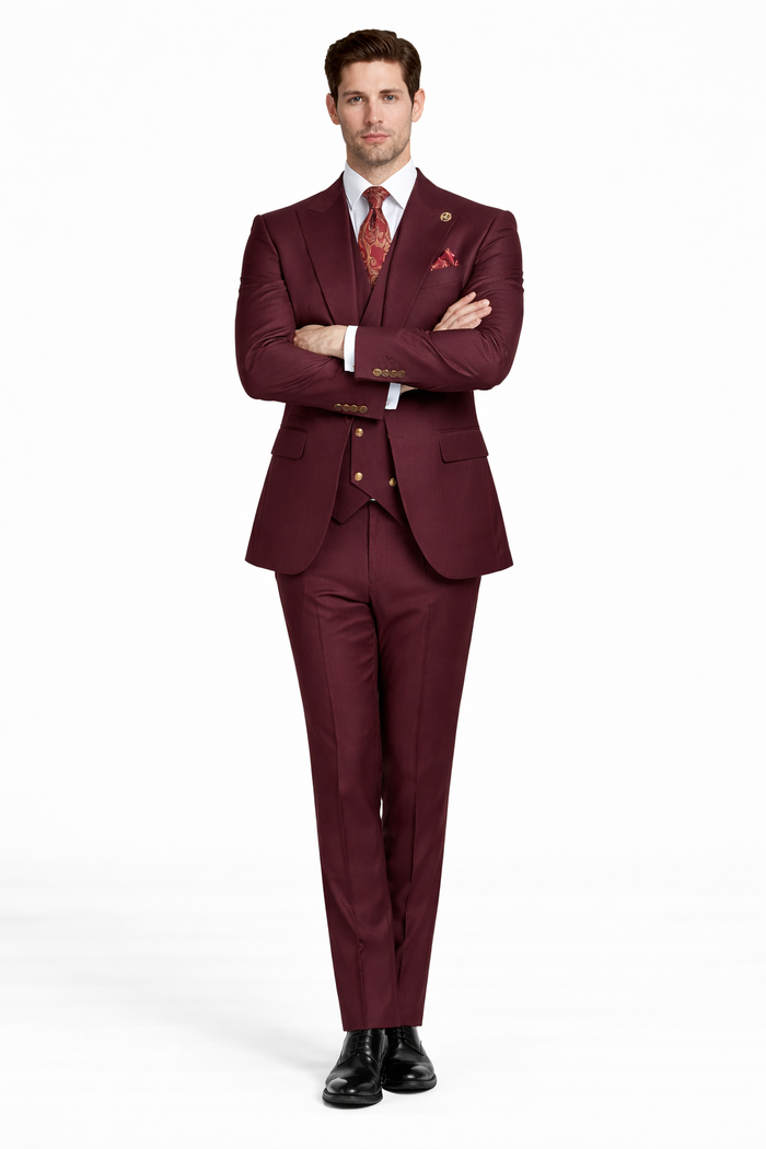 Rossiman Brand Burgundy Suits - 1 Button Suit Peak Lapel Double Breasted Vest
