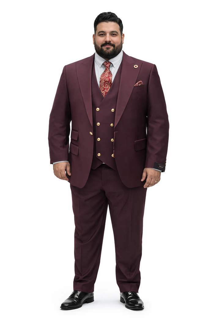 Rossiman Brand Burgundy Suits - 1 Button Suit Peak Lapel Double Breasted Vest