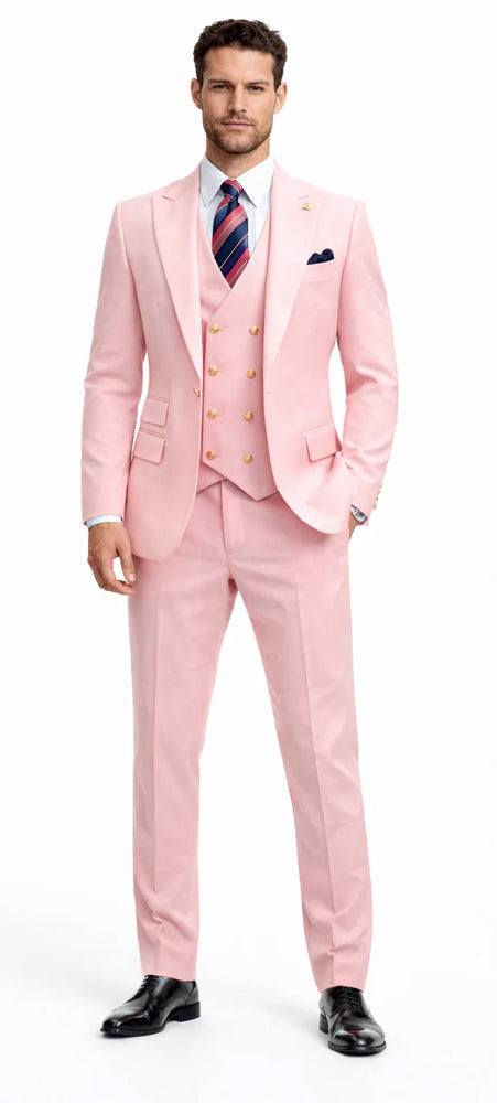 Rossiman Brand Pink Suits - 1 Button Suit Peak Lapel Double Breasted Vest