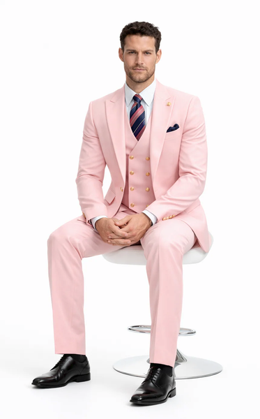 Rossiman Brand Pink Suits - 1 Button Suit Peak Lapel Double Breasted Vest