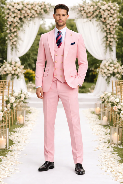 Rossiman Brand Pink Suits - 1 Button Suit Peak Lapel Double Breasted Vest
