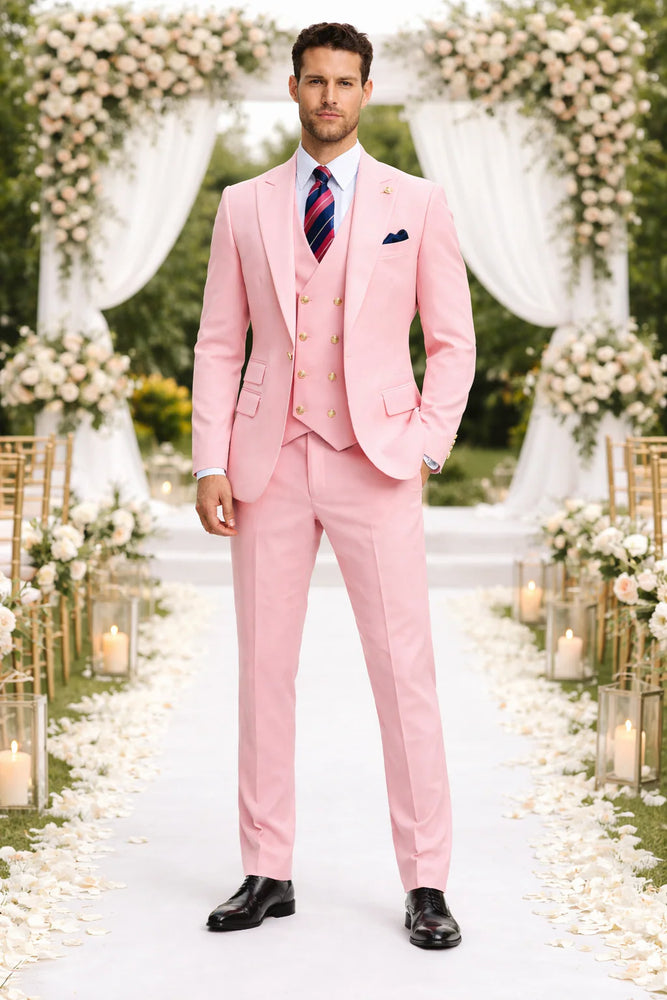 Rossiman Brand Pink Suits - 1 Button Suit Peak Lapel Double Breasted Vest