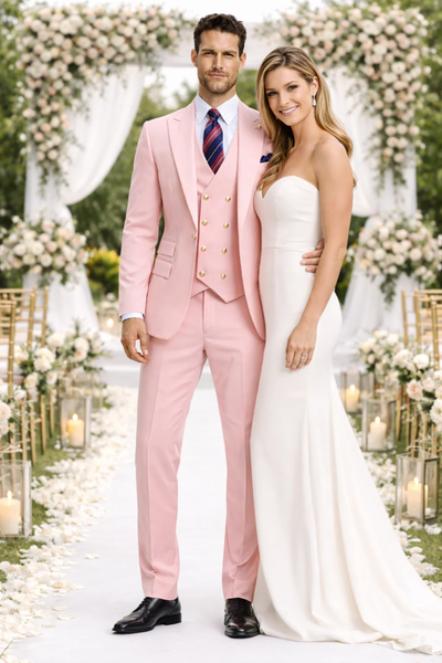 Rossiman Men's Pink Suit – 1-Button Peak Lapel Jacket & Double-Breasted Vest