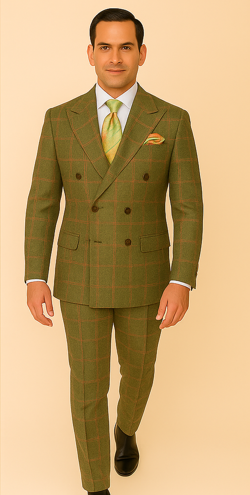 Rossiman Suit – Sage Green & Burnt Orange Windowpane Plaid Double-Breasted Suit