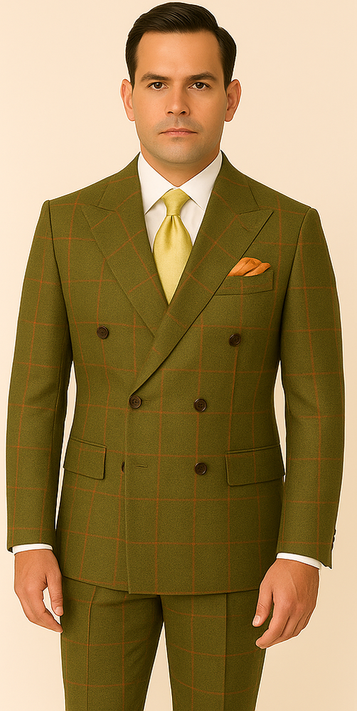 Rossiman Suit – Sage Green & Burnt Orange Windowpane Plaid Double-Breasted Suit