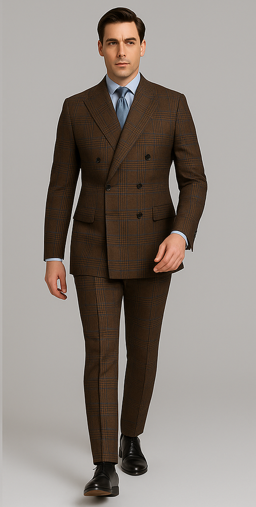 Rossiman Brown & Blue Vintage Glen Plaid Suit with Windowpane Pattern