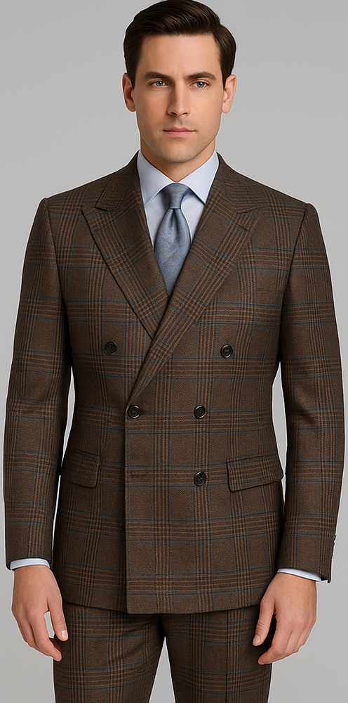 Rossiman Brown & Blue Vintage Glen Plaid Suit with Windowpane Pattern