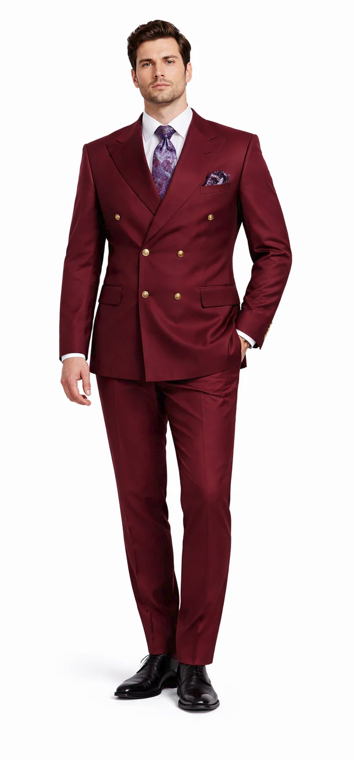 Rossiman Burgundy Men's Suit Double Breasted Slim Fit