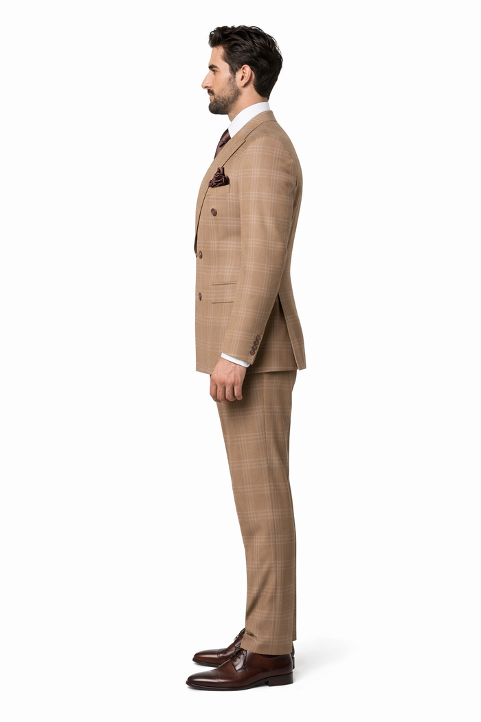 Camel Regent Windowpane Double-Breasted 3-Piece Luxury Suit by Rossiman