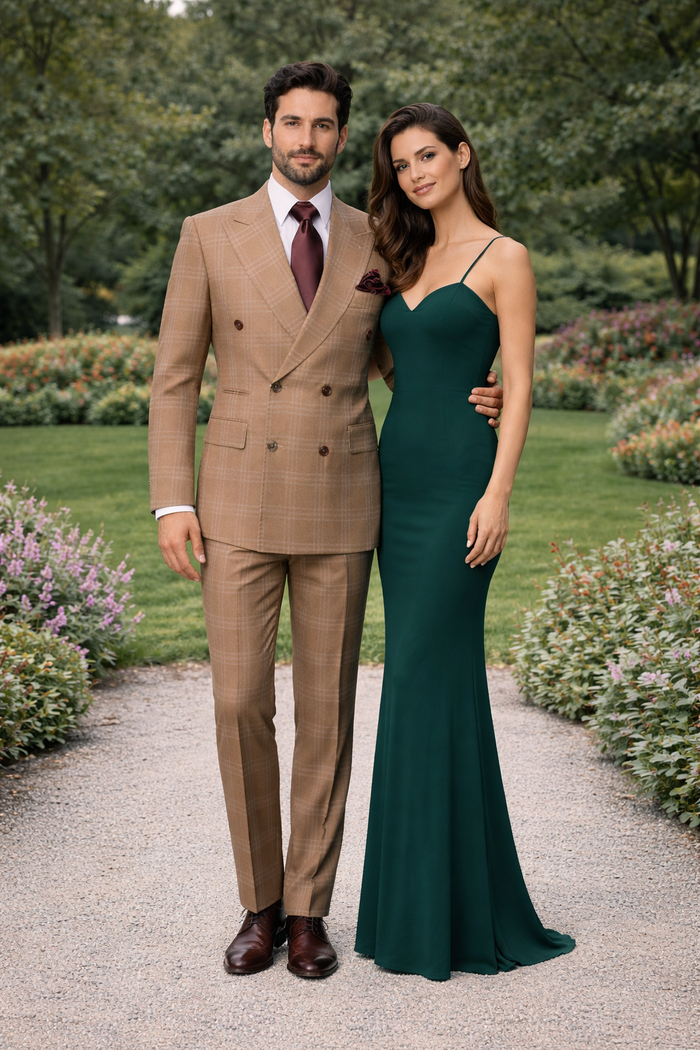 Camel Regent Windowpane Double-Breasted 3-Piece Luxury Suit by Rossiman