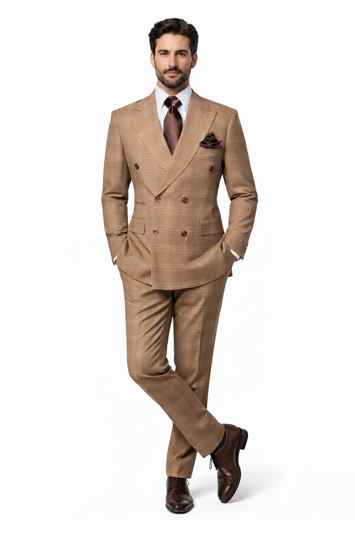 Camel Regent Windowpane Double-Breasted 3-Piece Luxury Suit by Rossiman