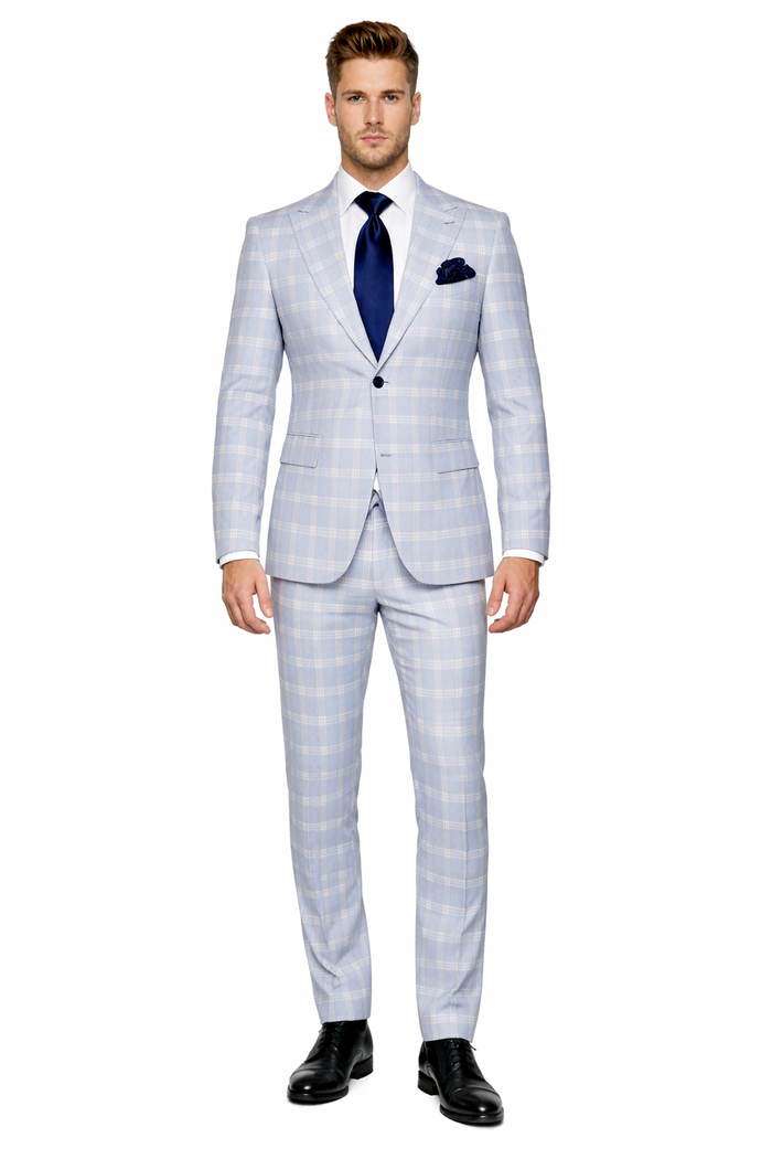Rossiman Crest Sky Blue Checkered 3-Piece Luxe Suit