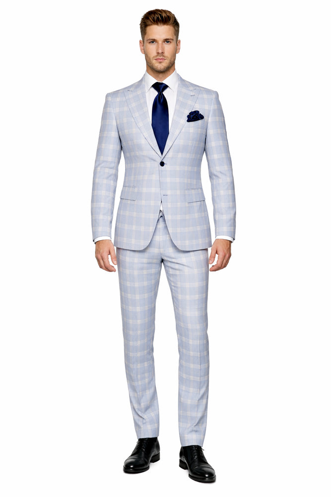 Rossiman Crest Sky Blue Checkered 3-Piece Luxe Suit