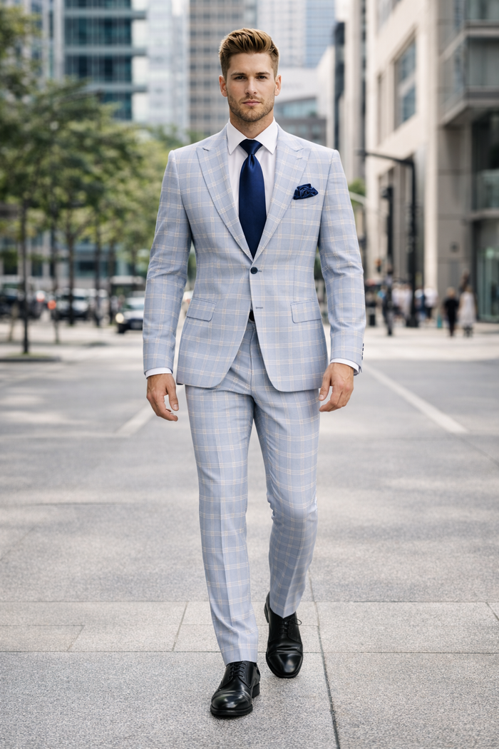 Rossiman Crest Sky Blue Checkered 3-Piece Luxe Suit