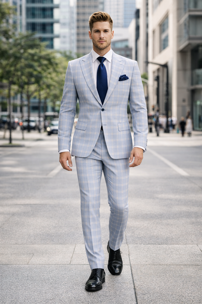Rossiman Crest Sky Blue Checkered 3-Piece Luxe Suit