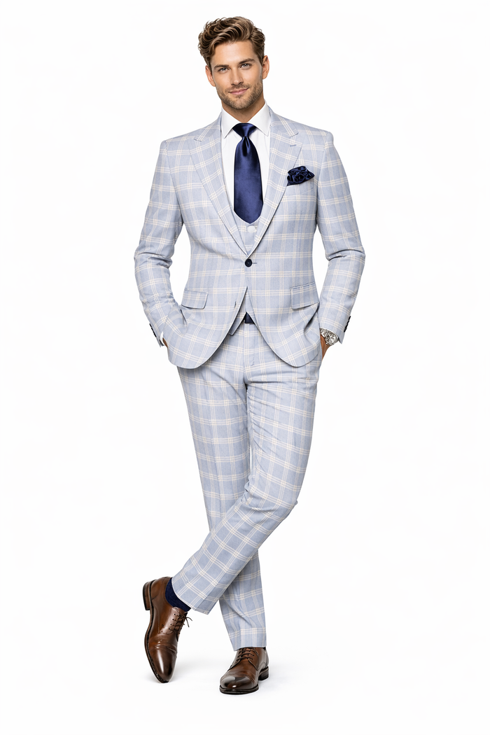 Rossiman Crest Sky Blue Checkered 3-Piece Luxe Suit