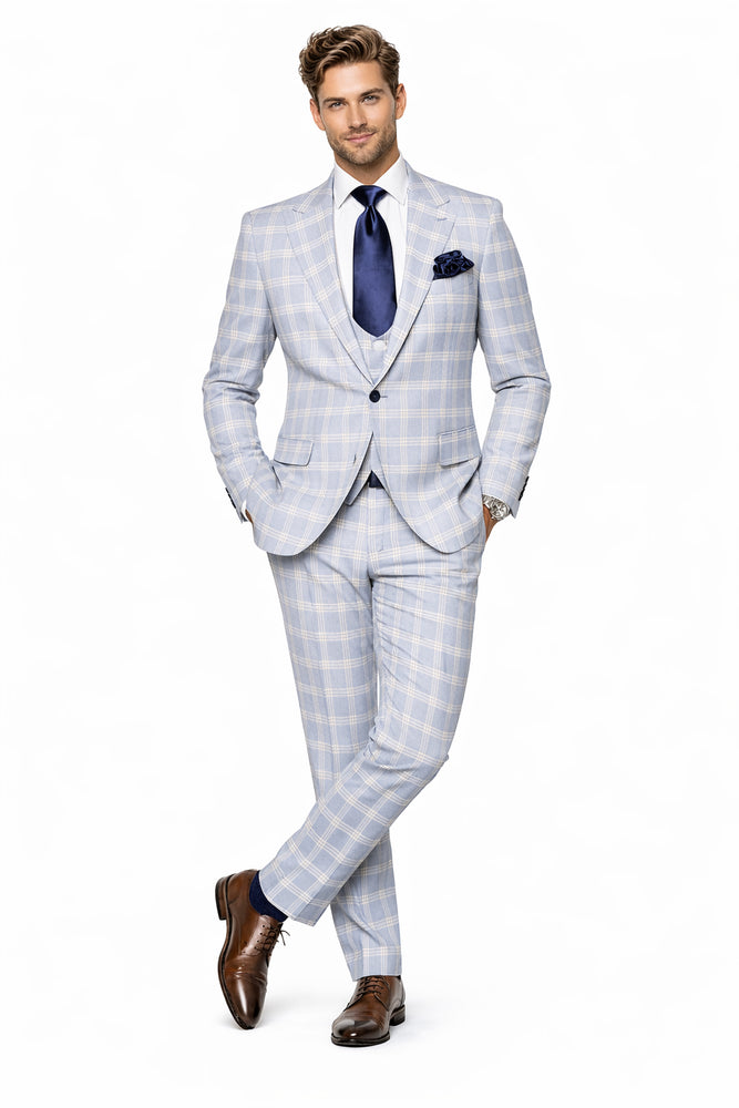 Rossiman Crest Sky Blue Checkered 3-Piece Luxe Suit