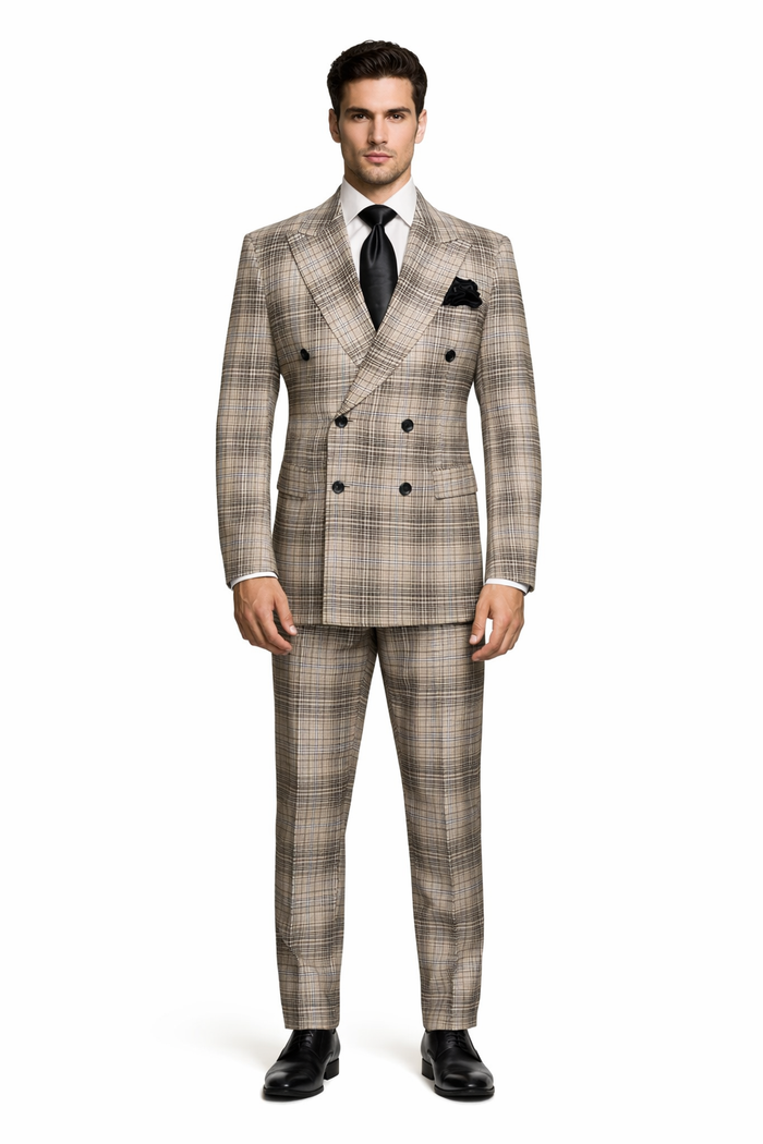 Rossiman Dominion Taupe Shadow Plaid Double-Breasted Suit