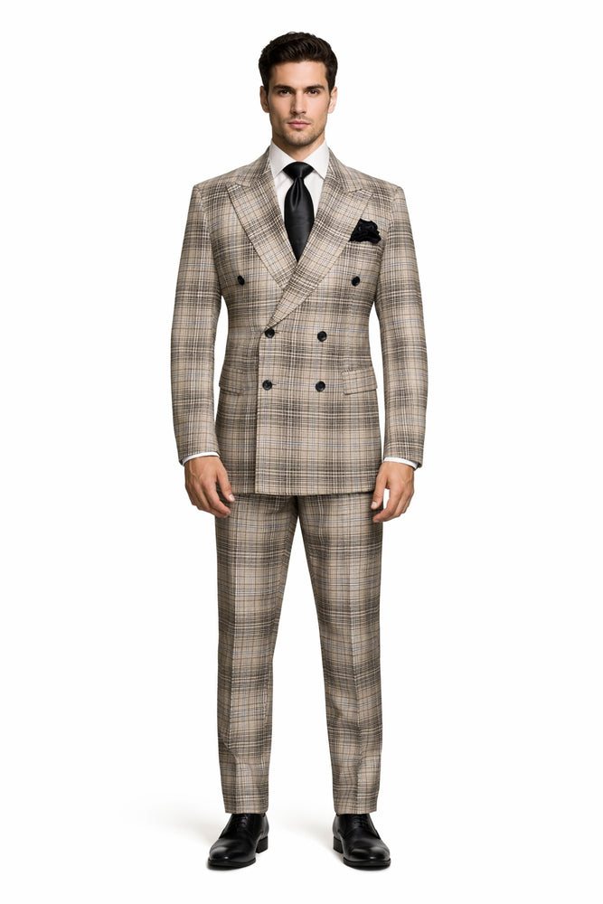 Rossiman Dominion Taupe Shadow Plaid Double-Breasted Suit