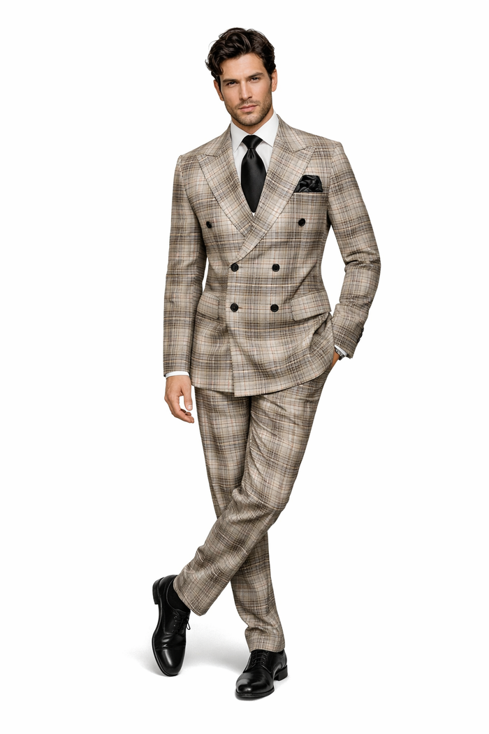 Rossiman Dominion Taupe Shadow Plaid Double-Breasted Suit