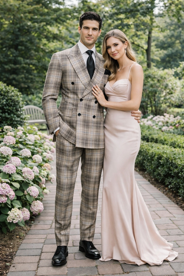Rossiman Dominion Taupe Shadow Plaid Double-Breasted Suit