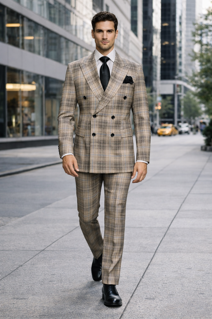 Rossiman Dominion Taupe Shadow Plaid Double-Breasted Suit