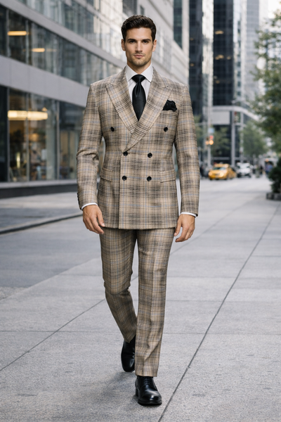 Rossiman Dominion Taupe Shadow Plaid Double-Breasted Suit
