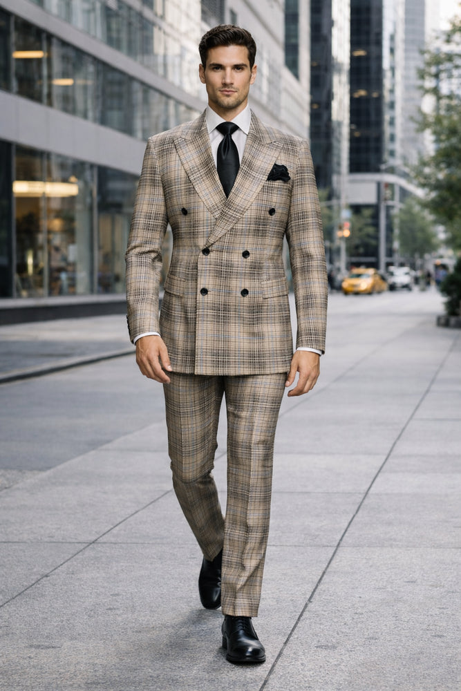 Rossiman Dominion Taupe Shadow Plaid Double-Breasted Suit