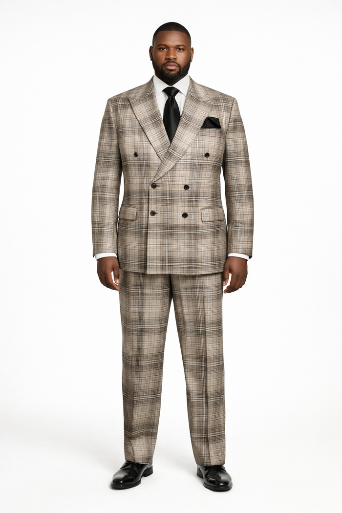Rossiman Dominion Taupe Shadow Plaid Double-Breasted Suit