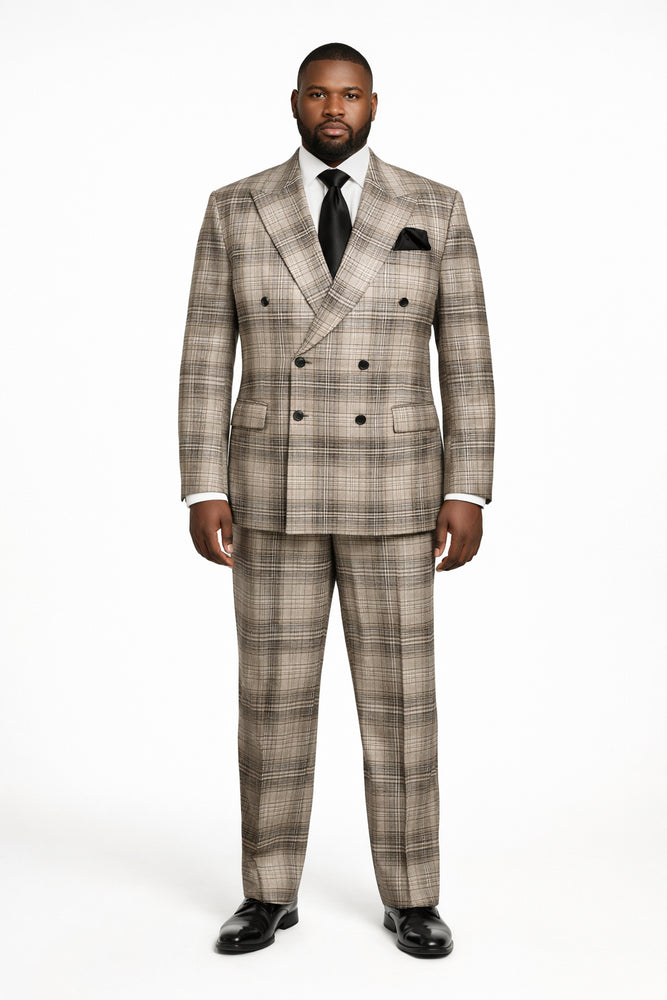 Rossiman Dominion Taupe Shadow Plaid Double-Breasted Suit