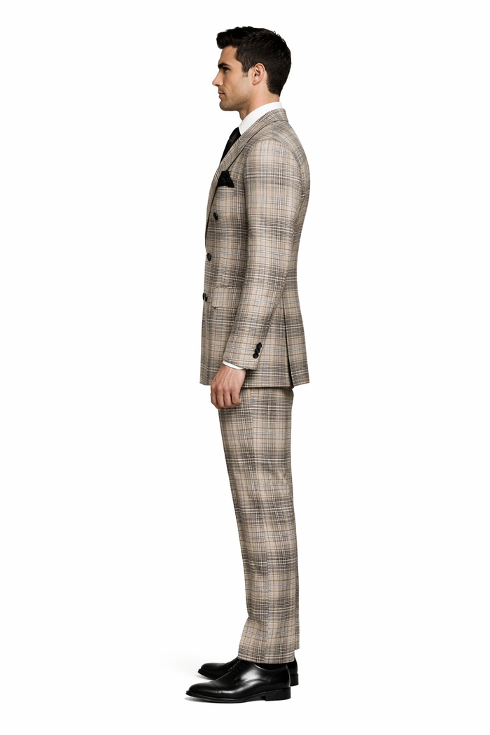 Rossiman Dominion Taupe Shadow Plaid Double-Breasted Suit