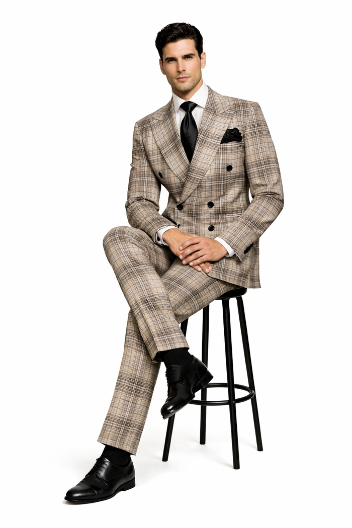 Rossiman Dominion Taupe Shadow Plaid Double-Breasted Suit