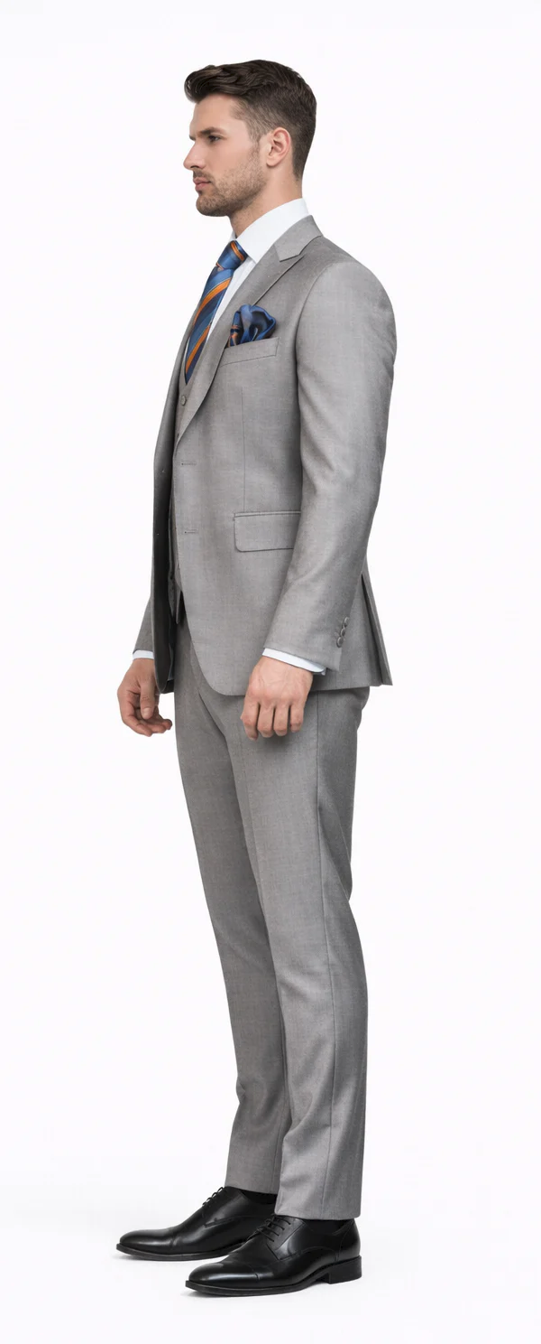 Men’s Gray Slim Fit 3-Piece Suit by Rossiman - With Vest & Tailored Trousers – Italian-Inspired Modern Elegance