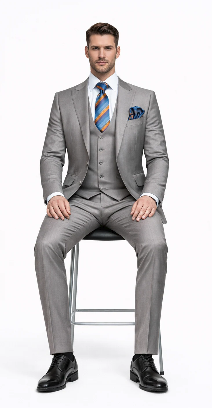 Men’s Gray Slim Fit 3-Piece Suit by Rossiman - With Vest & Tailored Trousers – Italian-Inspired Modern Elegance