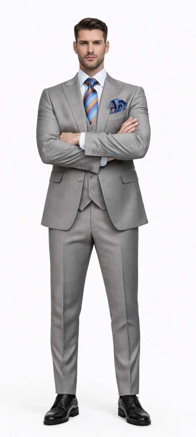 Men’s Gray Slim Fit 3-Piece Suit by Rossiman - With Vest & Tailored Trousers – Italian-Inspired Modern Elegance
