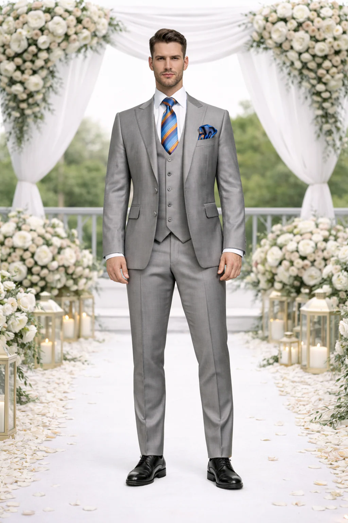 Men’s Gray Slim Fit 3-Piece Suit by Rossiman - With Vest & Tailored Trousers – Italian-Inspired Modern Elegance